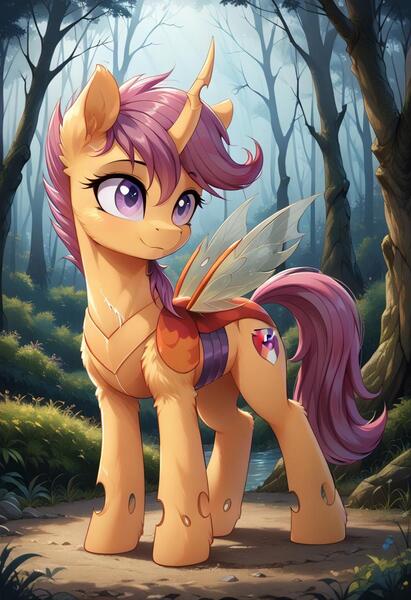 Size: 800x1169 | Tagged: safe, ai content, derpibooru import, machine learning generated, prompter:gregorymars, stable diffusion, apple bloom, scootaloo, sweetie belle, changedling, changeling, pony, g4, changedlingified, cutie mark crusaders, female, forest, generator:pony diffusion v6 xl, image, jpeg, mare, nature, scootaling, solo, species swap, tree