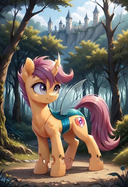 Size: 800x1169 | Tagged: safe, ai content, derpibooru import, machine learning generated, prompter:gregorymars, stable diffusion, apple bloom, scootaloo, sweetie belle, changedling, changeling, pony, g4, changedlingified, cutie mark crusaders, female, forest, generator:pony diffusion v6 xl, image, jpeg, mare, nature, scootaling, solo, species swap, tree