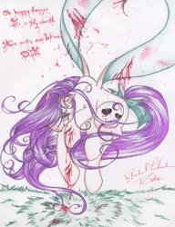 Size: 783x1021 | Tagged: semi-grimdark, artist:kiss-the-thunder, derpibooru import, oc, unofficial characters only, fairy, fairy pony, original species, pony, g1, 2010, bleeding, blood, bow, crying, female, flying, grass, hair over one eye, image, jpeg, looking at you, mare, scratches, solo, tail, tail bow, traditional art, vent art, wind, windswept mane, windswept tail