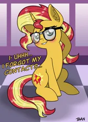 Size: 1538x2137 | Tagged: safe, artist:banquo0, derpibooru import, sunset shimmer, pony, unicorn, g4, blushing, cute, dialogue, embarrassed, female, glasses, horn, image, jpeg, nerd pony, shimmerbetes, sitting, smiling, solo, text