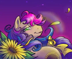 Size: 614x504 | Tagged: safe, artist:kiss-the-thunder, derpibooru import, oc, oc:sunflower (sourdoughstomper), unofficial characters only, earth pony, pony, g1, 2012, bow, female, flower, g1 oc, image, jpeg, lidded eyes, looking at you, mare, petals, sunflower, sunset, tail, tail bow, wind, windswept mane, windswept tail