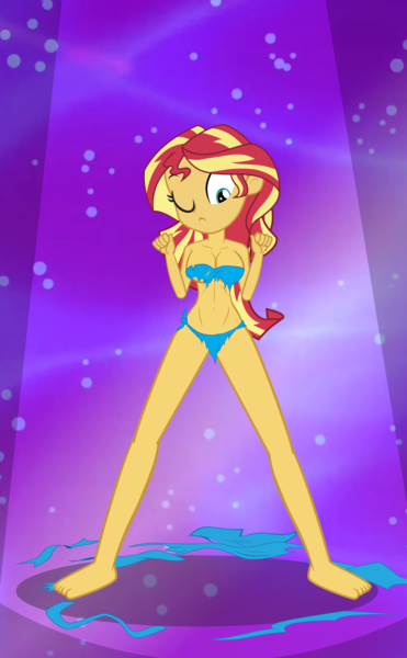 Size: 3120x5052 | Tagged: questionable, sunset shimmer, equestria girls, bad dream, barefoot, bikini babe, clothes, feet, female, image, jungle girl, loincloth, looking down, one eye closed, one eye open, png, ripples, sky, solo, solo female, spotlight, standing, stars, torn clothes