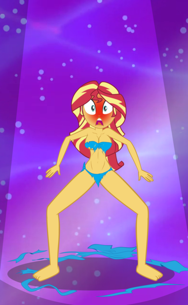 Size: 3120x5052 | Tagged: questionable, sunset shimmer, equestria girls, bad dream, barefoot, bikini babe, blushing, blushing profusely, clothes, embarrassed, embarrassed body exposure, embarrassed underwear exposure, feet, female, image, jungle girl, loincloth, png, ripples, sky, solo, solo female, spotlight, standing, stars, torn clothes, underwear, wide eyes