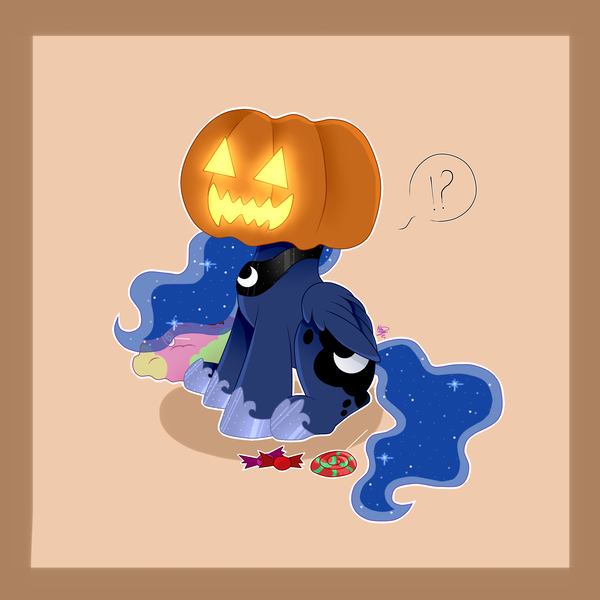 Size: 2000x2000 | Tagged: safe, artist:kathepart, derpibooru import, princess luna, alicorn, pony, g4, auction, candies, candy, collar, commission, cute, dialogue, ethereal mane, exclamation point, female, food, halloween, holiday, hoof shoes, image, interrobang, jack-o-lantern, jewelry, lollipop, lunabetes, mare, png, pumpkin, question mark, regalia, sitting, solo, square background, starry mane, starry tail, tail, ych example, ych result, your character here