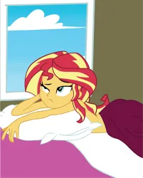 Size: 6601x8230 | Tagged: artist needed, suggestive, sunset shimmer, equestria girls, bad dream, base used, bed, bedroom, blanket, casual nudity, covered, female, image, nudity, pillow, png, sleeping, sleeping in the nude, solo, solo female, strategically covered, waking up