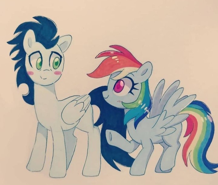 Size: 720x611 | Tagged: safe, ponerpics import, ponybooru import, rainbow dash, soarin', pegasus, pony, female, image, jpeg, male, mare, shipping, soarindash, stallion, straight, traditional art