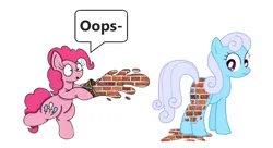 Size: 1176x642 | Tagged: safe, artist:bobthedalek, edit, ponerpics import, ponybooru import, linky, pinkie pie, shoeshine, surprise, earth pony, pony, accident, bipedal, brick booty, bricks, bucket, duo, female, forced meme, image, mare, png, simple background, speech bubble, surprised, white background