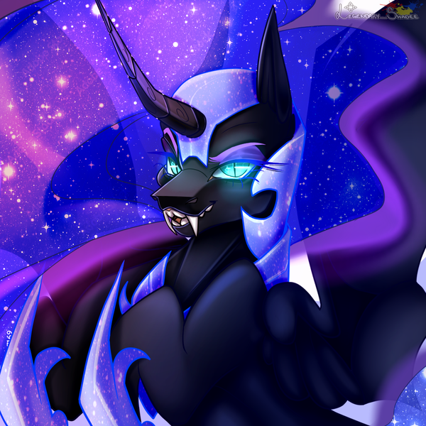 Size: 1000x1000 | Tagged: safe, artist:legendaryshadee, derpibooru import, nightmare moon, alicorn, pony, g4, antagonist, big ears, blue eyes, blue mane, bust, crepuscular rays, curved horn, digital art, ethereal mane, eyeshadow, fangs, feather, female, flowing mane, glow, glowing eyes, grin, hoof shoes, horn, image, lidded eyes, looking at you, makeup, mare, moonlight, night, peytral, png, portrait, princess shoes, smiling, smiling at you, smug, solo, sparkles, spread wings, starry mane, starry night, stars, teeth, villainess, wings