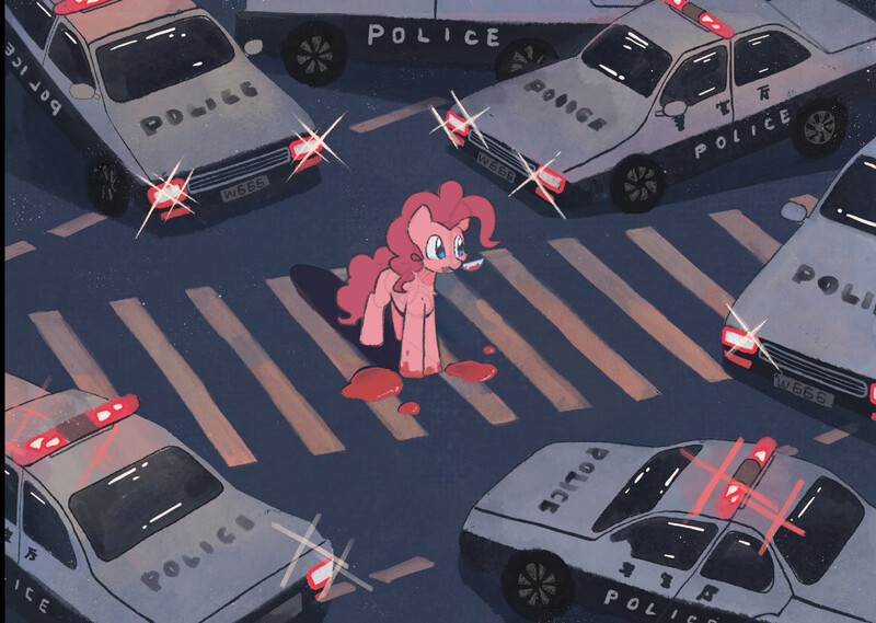 Size: 1147x816 | Tagged: semi-grimdark, artist:morningbullet, derpibooru import, pinkie pie, earth pony, pony, g4, blood, car, crosswalk, female, image, implied violence, jpeg, knife, mare, police, police car, road, solo, this will end in jail time