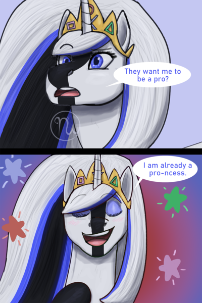 Size: 1667x2500 | Tagged: safe, artist:azurllinate, derpibooru import, oc, oc:pselena five, unofficial characters only, alicorn, 2024, alicorn oc, black hooves, blue eyes, colored, comic, confident, dialogue, digital art, english, eyebrows, eyebrows visible through hair, eyelashes, female, hooves, horn, image, jewelry, long mane, playstation, png, princess, raised eyebrow, royalty, simple background, smiling, speech bubble, stars, talking, teeth, tiara, white mane, wings