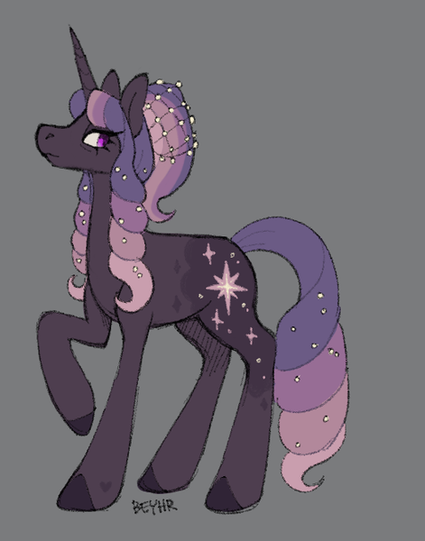 Size: 524x668 | Tagged: safe, artist:beyhr, derpibooru import, oc, oc:queen sugar-pearl dusk, unofficial characters only, pony, unicorn, g4, alternate universe, bags under eyes, brown coat, brown hooves, coat markings, colored, colored hooves, curly mane, curly tail, eyelashes, female, female oc, flat colors, frown, gray background, hair accessory, heart, heart mark, hooves, horn, image, long legs, long mane, long tail, looking back, lore in description, mane accessory, mare, mare oc, multicolored mane, multicolored tail, older female, png, profile, purple eyes, queen, raised hoof, signature, simple background, standing on three hooves, tail, tail accessory, tied mane, unicorn horn, unicorn oc, veil