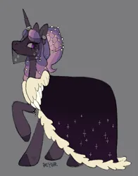 Size: 524x668 | Tagged: safe, alternate version, artist:beyhr, derpibooru import, oc, oc:queen sugar-pearl dusk, unofficial characters only, pony, unicorn, g4, alternate universe, bags under eyes, brown coat, brown hooves, cape, clothes, coat markings, colored, colored hooves, curly mane, curly tail, ear piercing, earring, eyelashes, female, female oc, flat colors, frown, gray background, hair accessory, heart, heart mark, hooves, horn, horn ring, image, jewelry, long legs, long mane, long tail, looking back, lore in description, mane accessory, mare, mare oc, multicolored mane, multicolored tail, older female, pegasus wings, piercing, png, profile, purple eyes, queen, raised hoof, regalia, ring, signature, simple background, standing on three hooves, tail, tail accessory, tied mane, unicorn horn, unicorn oc, veil, wings