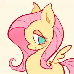 Size: 2048x2048 | Tagged: safe, artist:alexbeeza, derpibooru import, fluttershy, pegasus, pony, g4, big ears, blushing, colored, colored pinnae, eyelashes, female, flat colors, green eyes, halfbody, high res, image, jpeg, lidded eyes, long mane, looking back, mare, missing cutie mark, pink mane, profile, simple background, small wings, smiling, solo, spread wings, wings, yellow background, yellow coat