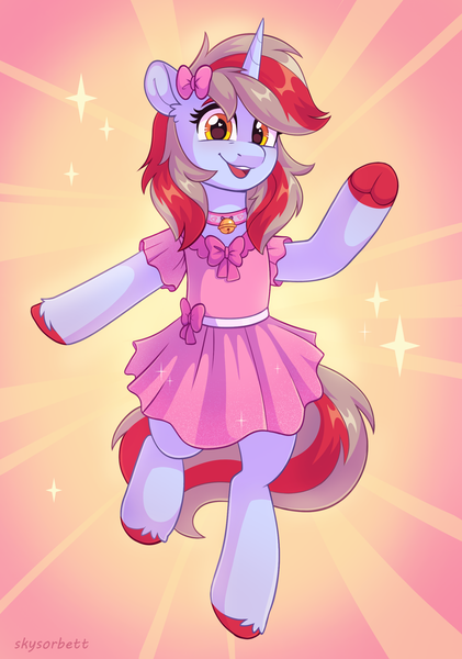 Size: 1809x2580 | Tagged: safe, artist:skysorbett, derpibooru import, oc, oc:cinnamon lightning, unofficial characters only, pony, unicorn, bell, bell collar, bipedal, bow, clothes, collar, dress, female, hair accessory, hooves, horn, image, mane accessory, mare, open mouth, png, sparkles, standing on two hooves, unicorn oc, unshorn fetlocks