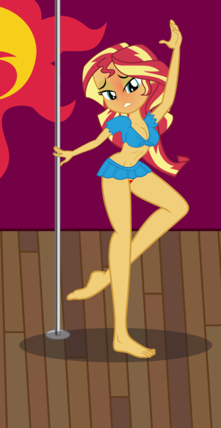 Size: 2186x4216 | Tagged: suggestive, sunset shimmer, equestria girls, barefoot, belly button, belt, blushing, blushing profusely, breasts, busty sunset shimmer, cleavage, clothes, feet, front knot midriff, image, micro skirt, midriff, png, pole dancing, red underwear, stripper pole, underwear