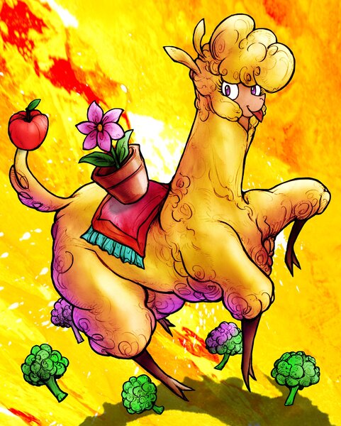 Size: 2904x3624 | Tagged: safe, artist:tana_taka_3rder, derpibooru import, alpaca, them's fightin' herds, apple, basket, broccoli, community related, food, image, jpeg, paprika (tfh), picnic basket, solo