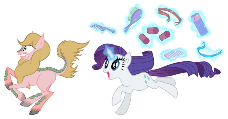 Size: 900x471 | Tagged: safe, artist:saturngrl, derpibooru import, rarity, oc, oc:taohua, kirin, pony, g4, chase, comb, hair curlers, hairspray, image, imminent makeover, png, running