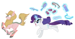 Size: 900x471 | Tagged: safe, artist:saturngrl, derpibooru import, rarity, oc, oc:taohua, kirin, pony, g4, chase, comb, hair curlers, hairspray, image, imminent makeover, png, running