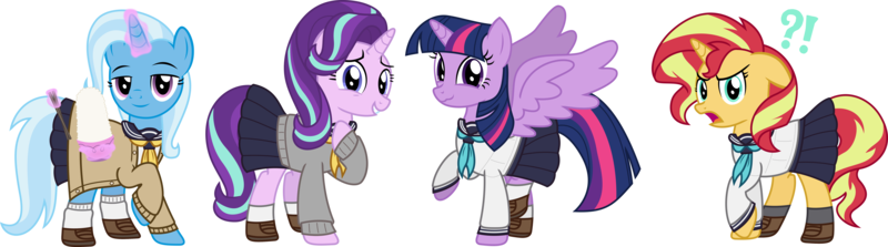 Size: 7944x2211 | Tagged: safe, artist:sketchmcreations, derpibooru import, starlight glimmer, sunset shimmer, trixie, twilight sparkle, twilight sparkle (alicorn), alicorn, pony, unicorn, g4, :3, alternate versions at source, anime, bowl, chopsticks, clothes, cup, exclamation point, female, floppy ears, food, glow, glowing horn, hoof on chest, horn, image, interrobang, magic, mare, my deer friend nokotan, open mouth, png, question mark, raised hoof, rice, school uniform, shoes, simple background, skirt, socks, sunset shimmer is not amused, sweater, teacup, telekinesis, transparent background, unamused, vector