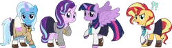 Size: 7944x2211 | Tagged: safe, artist:sketchmcreations, derpibooru import, starlight glimmer, sunset shimmer, trixie, twilight sparkle, twilight sparkle (alicorn), alicorn, pony, unicorn, g4, :3, alternate versions at source, anime, bowl, chopsticks, clothes, cup, exclamation point, female, floppy ears, food, glow, glowing horn, hoof on chest, horn, image, interrobang, magic, mare, my deer friend nokotan, open mouth, png, question mark, raised hoof, rice, school uniform, shoes, simple background, skirt, socks, sunset shimmer is not amused, sweater, teacup, telekinesis, transparent background, unamused, vector