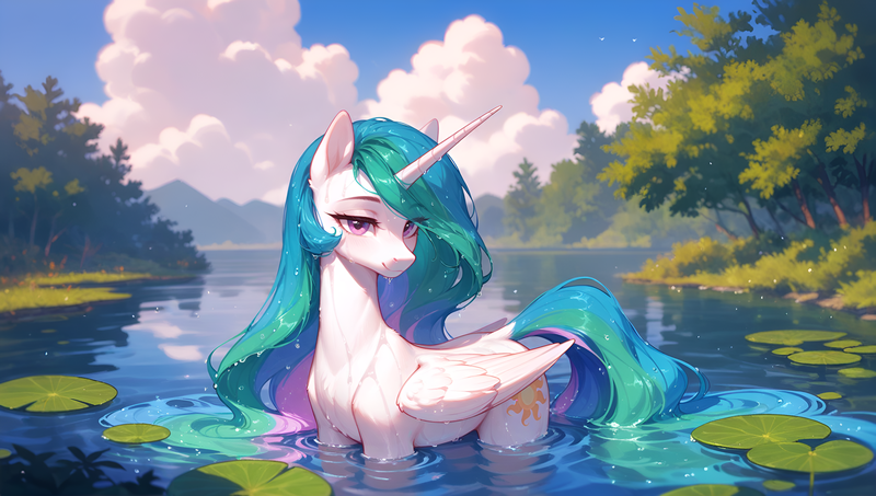 Size: 3840x2176 | Tagged: safe, ai content, derpibooru import, generator:tponynai3, machine learning generated, prompter:truekry, princess celestia, alicorn, pony, g4, bedroom eyes, cloud, female, flower, folded wings, forest, horn, image, lake, looking at you, mare, nature, outdoors, png, sky, smiling, smiling at you, solo, tree, wallpaper, water, waterlily, wet, wet fur, wet mane, wings