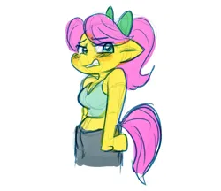 Size: 1141x988 | Tagged: safe, artist:zutcha, derpibooru import, posey (g5), anthro, earth pony, pony, g5, blushing, breasts, busty posey bloom, eyebrows, eyebrows visible through hair, female, floppy ears, image, mare, midriff, png, simple background, sketch, solo, white background