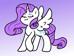 Size: 1189x892 | Tagged: safe, artist:zutcha, derpibooru import, rarity, alicorn, pony, g4, alicornified, blush sticker, blushing, eyes closed, female, gradient background, image, mare, png, race swap, raised hoof, raricorn, smiling, solo, spread wings, wings