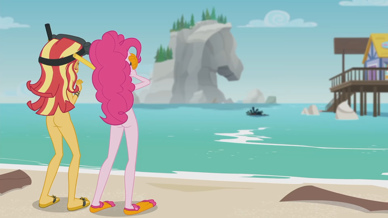 Size: 1920x1080 | Tagged: questionable, derpibooru import, edit, edited screencap, screencap, pinkie pie, sunset shimmer, human, equestria girls, equestria girls series, g4, unsolved selfie mysteries, beach, butt, dive mask, female, flip-flops, flippers (gear), goggles, image, my little pony equestria girls: better together, nude edit, nudity, ocean, pier, png, rock horse, sand, sandals, snorkel, water