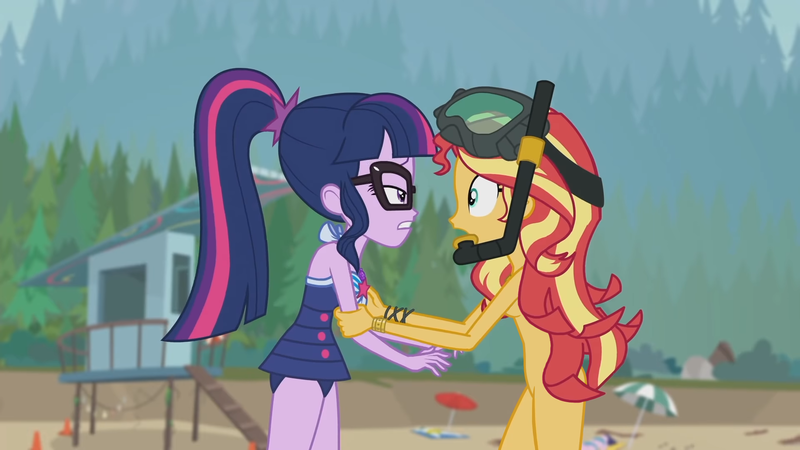 Size: 1920x1080 | Tagged: questionable, derpibooru import, edit, edited screencap, screencap, sci-twi, sunset shimmer, twilight sparkle, human, equestria girls, equestria girls series, g4, unsolved selfie mysteries, beach, beach umbrella, bracelet, breasts, clothes, cutie mark, cutie mark on clothes, dive mask, female, glasses, goggles, holding arms, image, jewelry, lifeguard shack, my little pony equestria girls: better together, nude edit, nudity, one-piece swimsuit, outdoors, png, ponytail, sci-twi swimsuit, sideboob, snorkel, swimsuit, tree, umbrella