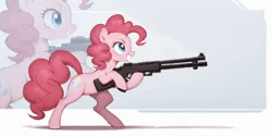 Size: 2400x1200 | Tagged: safe, ai content, derpibooru import, machine learning generated, prompter:greesys, pinkie pie, earth pony, pony, battle stance, female, gun, image, mare, png, shotgun, solo, weapon