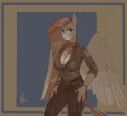 Size: 2400x2200 | Tagged: safe, artist:stray prey, derpibooru import, oc, oc:wild spice, unofficial characters only, anthro, pegasus, breasts, cleavage, clothes, image, jacket, pegasus oc, png, scarf, solo, wings