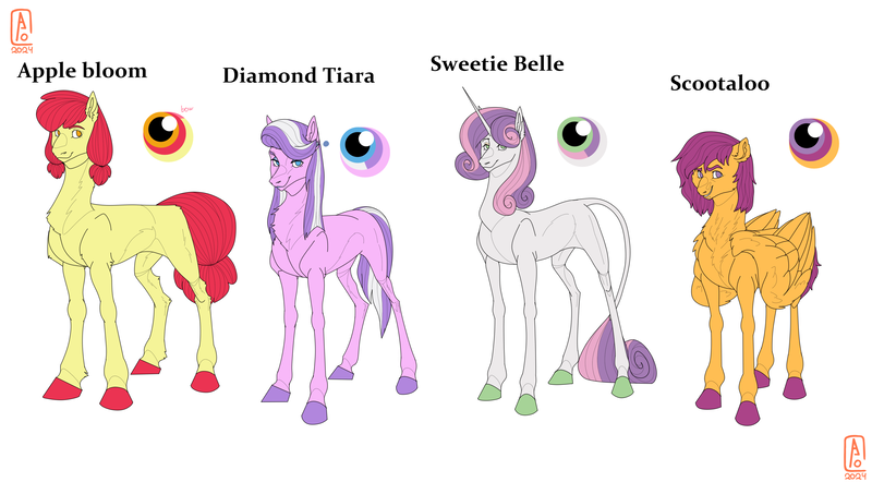 Size: 4000x2208 | Tagged: safe, artist:anelaponela, derpibooru import, apple bloom, diamond tiara, scootaloo, sweetie belle, earth pony, pegasus, pony, unicorn, cutie mark crusaders, female, horn, image, leonine tail, lipstick, older, png, redesign, simple background, tail, travelersverse, white background