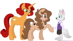 Size: 1024x576 | Tagged: safe, derpibooru import, oc, oc:dr. wolf, oc:keyframe, unofficial characters only, earth pony, pony, unicorn, earth pony oc, furry, furry oc, hoofshake, horn, image, png, simple background, transparent background, trio, unicorn oc