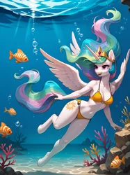 Size: 2296x3062 | Tagged: safe, ai content, derpibooru import, machine learning generated, prompter:lagerai, princess celestia, alicorn, anthro, fish, pony, unguligrade anthro, g4, beautiful, belly, belly button, bikini, bubble, clothes, coral, crepuscular rays, crown, cute, ethereal mane, ethereal tail, feather, female, flowing mane, flowing tail, happy, high res, horn, image, jewelry, lidded eyes, mare, ocean, open mouth, open smile, pink eyes, png, regalia, seaweed, smiling, solo, spread wings, starry mane, starry tail, sunlight, swimming, swimsuit, tail, underwater, water, wings