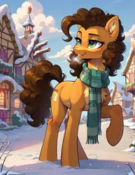 Size: 735x954 | Tagged: safe, ai content, derpibooru import, machine learning generated, cheese sandwich, earth pony, pony, clothes, cottage, detailed background, image, jpeg, male, raised hoof, scarf, snow, solo, stallion