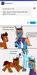 Size: 1056x2136 | Tagged: safe, artist:ask-luciavampire, derpibooru import, oc, earth pony, pony, unicorn, ask, clothes, glitter hair, horn, image, maid, png, tumblr