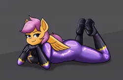 Size: 1600x1050 | Tagged: suggestive, artist:creatorworld, ponerpics import, scootaloo, anthro, breasts, catsuit, clothes, female, gloves, image, jpeg, latex, latex boots, latex gloves, latex suit, looking at you, lying down, older, older scootaloo, prone