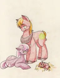 Size: 920x1200 | Tagged: safe, artist:wolfiedrawie, derpibooru import, big macintosh, cheerilee, oc, earth pony, pony, g4, female, foal, image, jpeg, lying down, male, mare, offspring, parent:big macintosh, parent:cheerilee, parents:cheerimac, prone, ship:cheerimac, shipping, simple background, sleeping, stallion, straight, traditional art, trio, unshorn fetlocks, white background, yoke