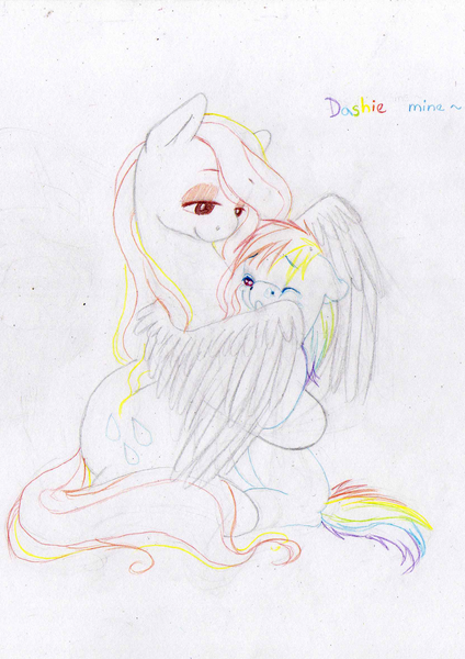 Size: 1654x2338 | Tagged: safe, artist:wolfiedrawie, derpibooru import, rainbow dash, oc, oc:prism rain, pegasus, pony, g4, duo, female, filly, filly rainbow dash, hug, image, mare, parent and child, png, song reference, traditional art, winghug, wings, wip, younger