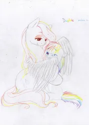 Size: 1654x2338 | Tagged: safe, artist:wolfiedrawie, derpibooru import, rainbow dash, oc, oc:prism rain, pegasus, pony, g4, duo, female, filly, filly rainbow dash, hug, image, mare, parent and child, png, song reference, traditional art, winghug, wings, wip, younger