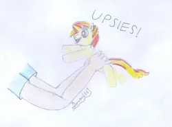 Size: 1615x1197 | Tagged: safe, artist:dounet361, derpibooru import, sunset shimmer, human, pony, equestria girls, g4, cute, disembodied arm, disembodied hand, female, filly, filly sunset shimmer, foal, hand, holding a pony, image, newbie artist training grounds, pencil drawing, png, reference used, signature, smiling, sunset shimmer day, traditional art, upsies, younger