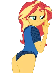 Size: 1900x2462 | Tagged: safe, artist:gmaplay, derpibooru import, sunset shimmer, equestria girls, g4, spoiler:comic, spoiler:comicequestriagirlsmarchradness, ass, behind, bunset shimmer, butt, buttocks outline, clothes, female, image, long hair, looking back, multicolored hair, png, shirt, shorts, simple background, solo, sports shorts, sporty style, sunset shimmer day, t-shirt, transparent background, yellow skin