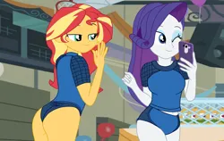 Size: 3403x2155 | Tagged: safe, artist:gmaplay, derpibooru import, rarity, sunset shimmer, equestria girls, g4, spoiler:comic, spoiler:comicequestriagirlsmarchradness, ass, behind, bunset shimmer, butt, buttocks outline, clothes, duo, duo female, female, image, long hair, looking back, multicolored hair, png, selfie, shirt, shorts, sports shorts, sporty style, sunset shimmer day, t-shirt, yellow skin