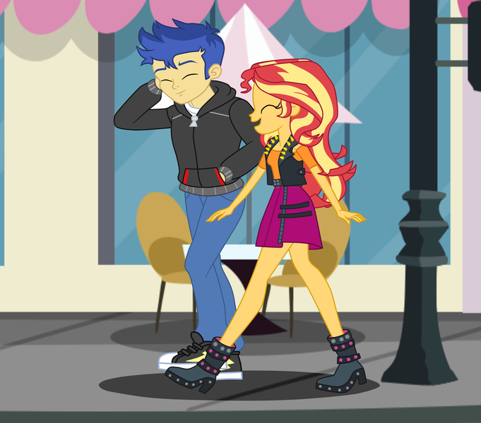 Size: 3702x3264 | Tagged: safe, artist:gmaplay, derpibooru import, flash sentry, sunset shimmer, equestria girls, g4, date, duo, duo male and female, female, flashimmer, image, male, png, shipping, straight, street, sunset shimmer day