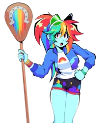 Size: 2942x3411 | Tagged: safe, artist:honkattack, derpibooru import, rainbow dash, human, equestria girls, g4, clothes, equestria girls specials, female, hand on hip, hat, high res, image, jacket, looking at you, my little pony equestria girls: better together, my little pony equestria girls: sunset's backstage pass, open mouth, outline, paddle, png, ponytail, rainbow dash's paddle, shirt, shorts, simple background, solo, transparent background, visor cap, wristband