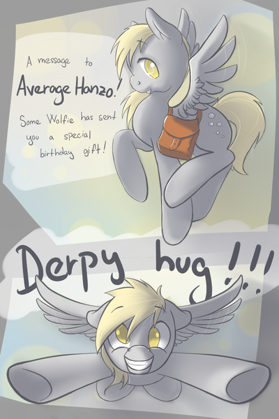 Size: 800x1200 | Tagged: safe, artist:wolfiedrawie, derpibooru import, derpy hooves, pegasus, pony, g4, bag, birthday gift, female, flying, hug, image, mare, png, saddle bag, solo