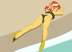 Size: 3834x2755 | Tagged: suggestive, derpibooru import, sunset shimmer, human, equestria girls, g4, bikini, bunset shimmer, butt, clothes, defeated, eyes closed, image, lying down, png, prone, sandals, solo, sunset shimmer swimsuit, swimsuit, unconscious