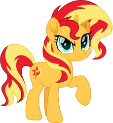 Size: 1647x1800 | Tagged: safe, artist:cloudy glow, derpibooru import, sunset shimmer, pony, unicorn, g4, cute, female, horn, image, looking at you, mare, movie accurate, png, raised hoof, shimmerbetes, simple background, solo, sunset shimmer day, transparent background, vector