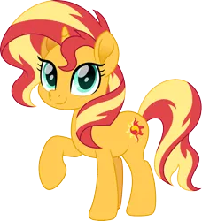 Size: 1643x1800 | Tagged: safe, artist:cloudy glow, derpibooru import, sunset shimmer, pony, unicorn, g4, female, horn, image, looking at you, mare, movie accurate, png, raised hoof, simple background, solo, sunset shimmer day, transparent background, vector