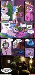 Size: 3541x7607 | Tagged: safe, artist:angusdra, artist:lummh, derpibooru import, princess cadance, princess celestia, prismia, alicorn, pony, unicorn, comic:the princess of love, g4, absurd resolution, bed, comic, crown, crying, female, horn, hug, ice, image, jewelry, mare, necklace, pendant, peytral, png, regalia, snow, speech bubble, teen princess cadance, thought bubble, toy, winghug, wings, younger